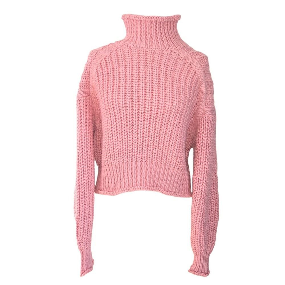 H&M Women S Pink Chunky Knit Turtleneck Sweater Cropped Relaxed Fit Wool‎ Blend